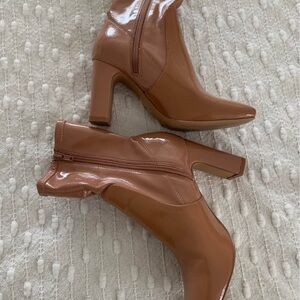 Patent Leather Block Heel Ankle Boots - Brown